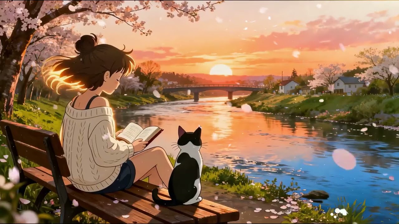 Cherry's Reading by the River 🌸 Dreamy Lofi Beats for Study & Relaxation ✨ Peaceful Sunset Vibes