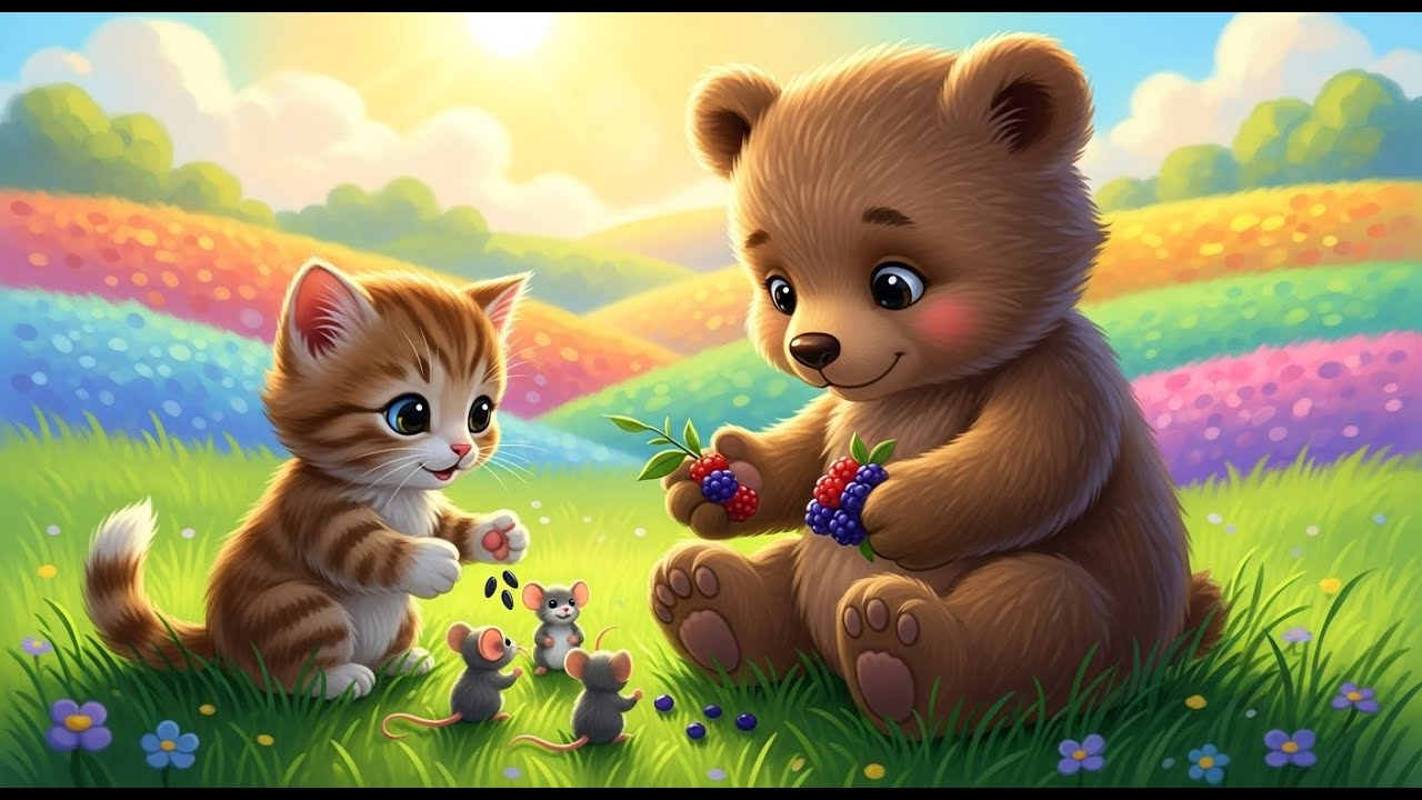 Bear and Kitten Caring Hearts Feeding the Mice