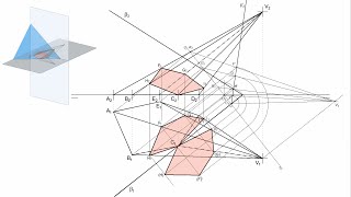 Pyramid section by oblique plane in orthographic projections system
