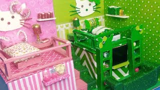 How to make pink and green hello kitty cardboard house#cardboardhouse #diy #miniaturecardboardhouse