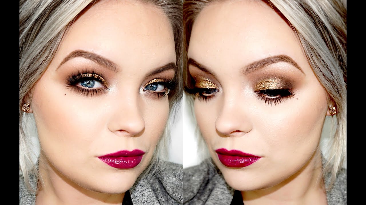 Glamorous Holiday Makeup - Antique Gold Glitter & Berry Lips | Brianna Fox
