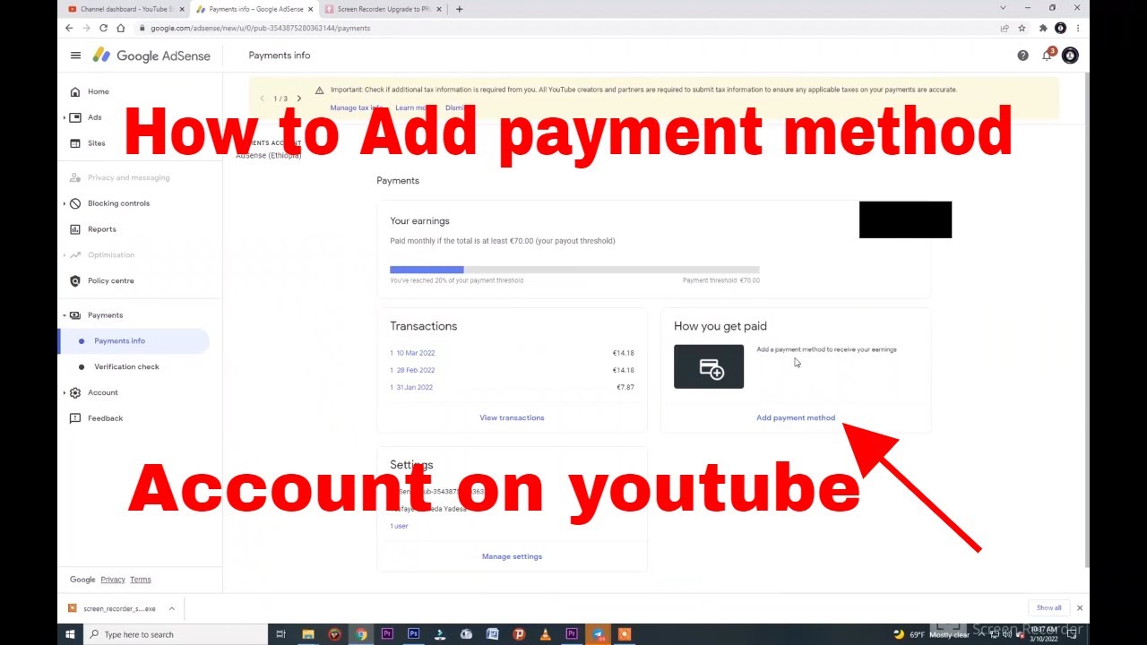 How to Add payment method account on youtube - YouTube