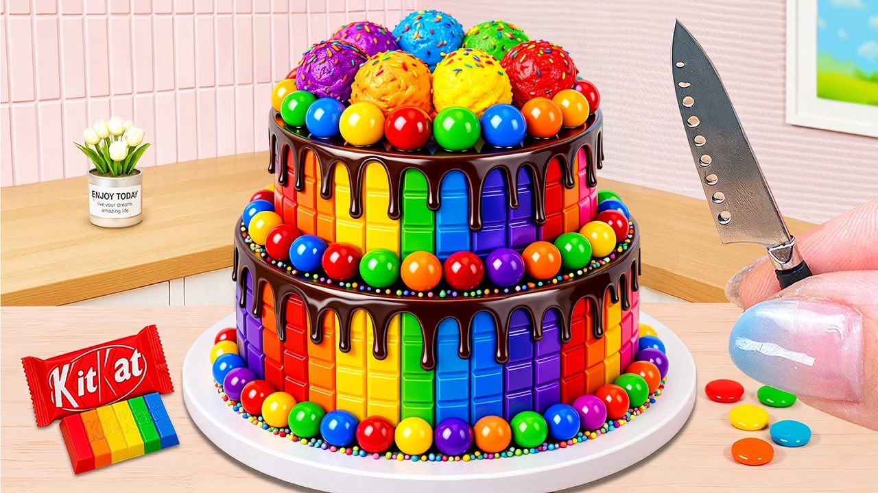 Mini Rainbow Sprinkles Ice Cream Cake with KitKat 🌈🍫 Satisfying Miniature Rainbow Cake Decorating 💗