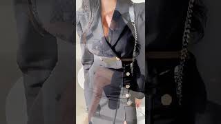 Women's Office Two Piece Set Sexy Crop Top and Split Midi Skirt Black