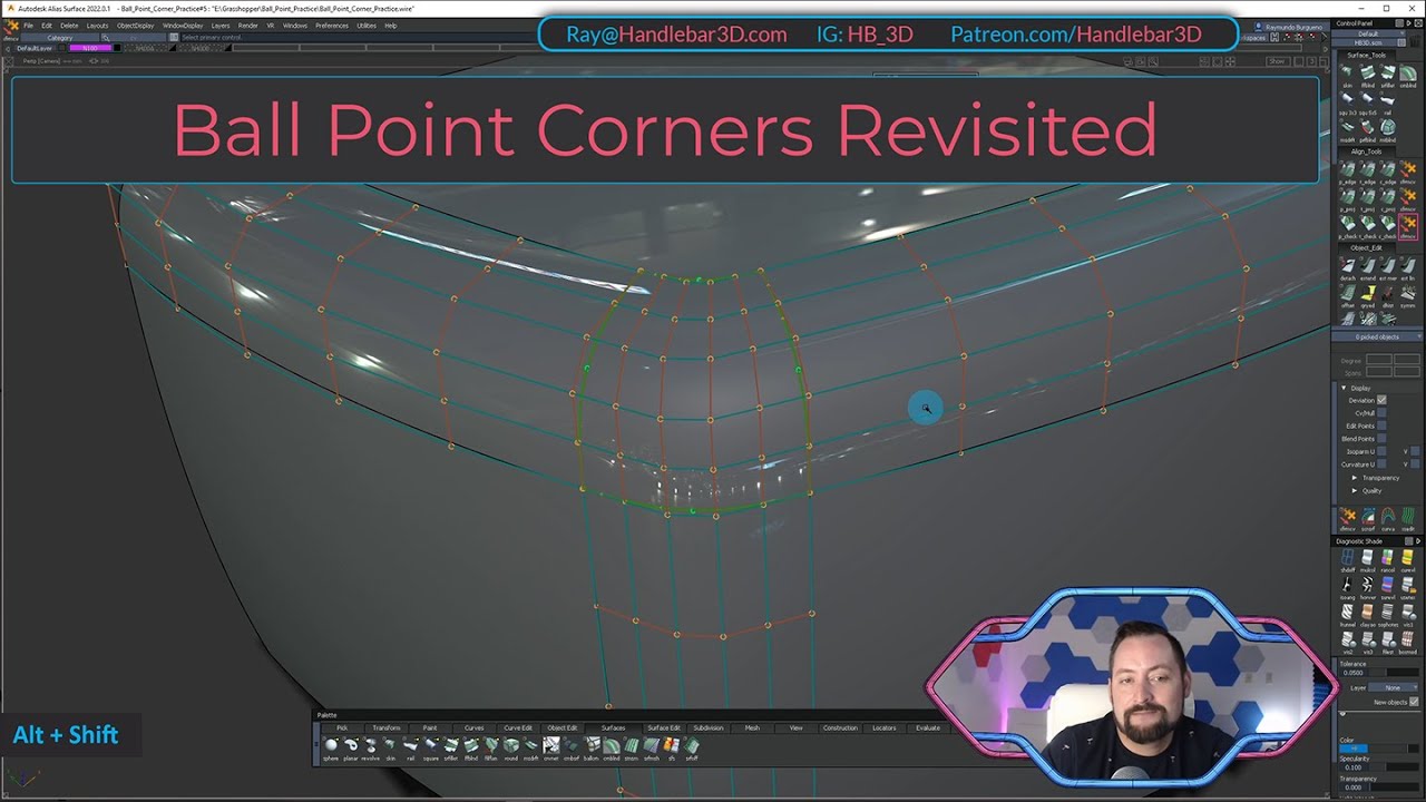 Making ball point corners in Alias using the corner blend tool. (free