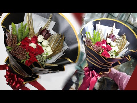 6 Roses with mix flowers wrapping || Wrapping idea & technique || Round bouquet wrapping tutorial