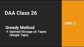DAA Class 26 - Greedy Method - Optimal Storage on Tapes (Single Tape)