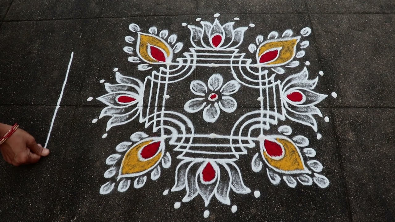 Navratri Special Lotus Rangoli | 3x3 Dots Small Muggulu | Navratri Kolam Designs With Side Borders