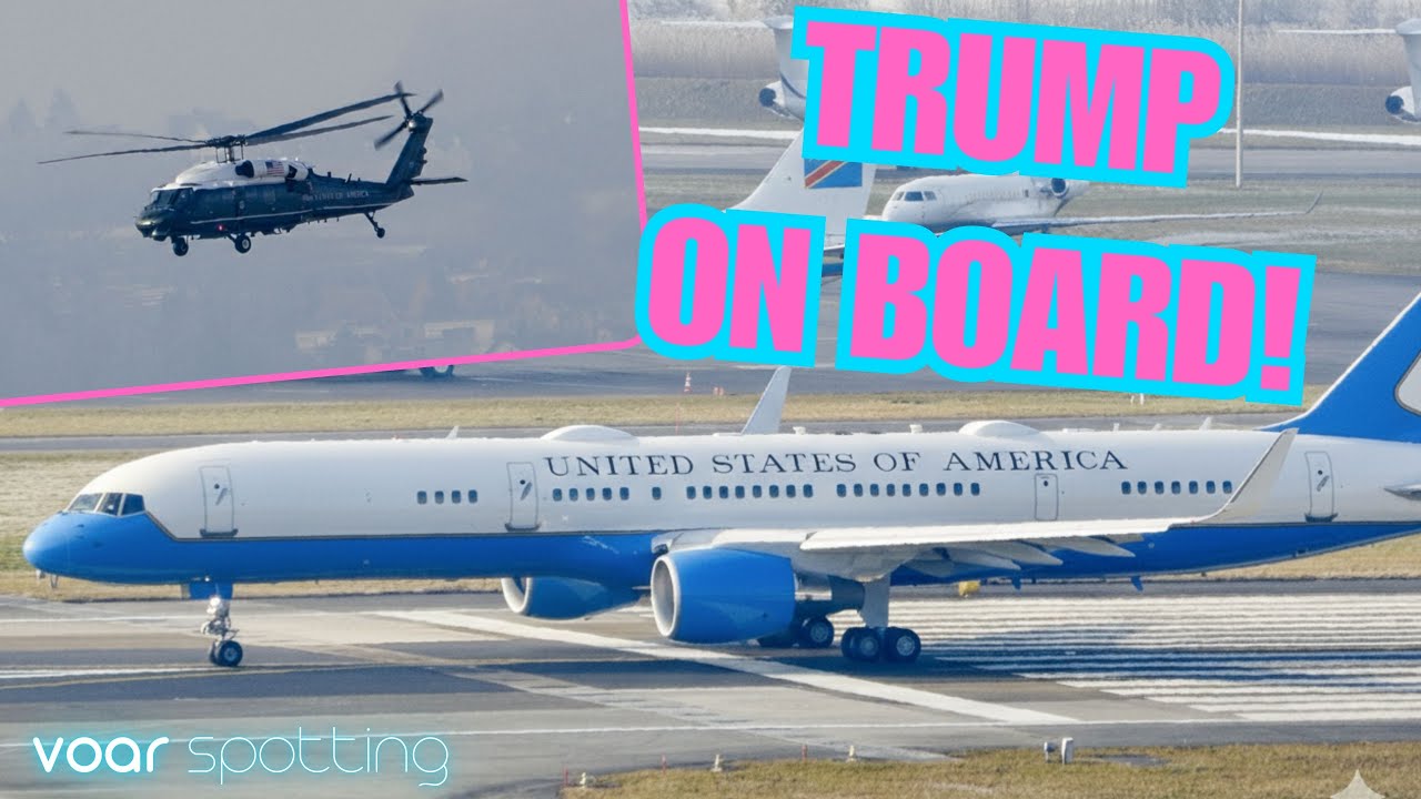 Donald Trump arriving at Zurich Airport on a downgraded "Air Force One" & departing with Marine One