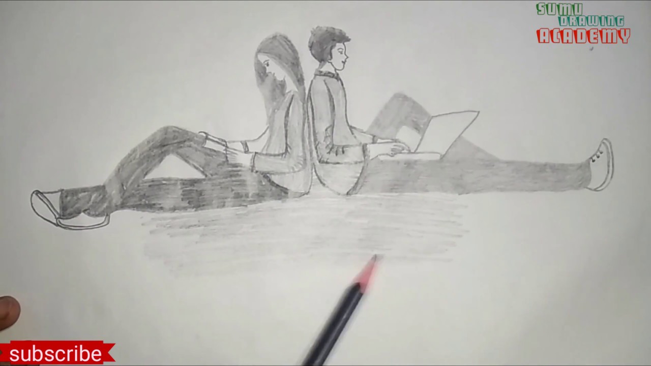 How To Draw A Boy And Girl Sitting Back To Back Pencil Sketch