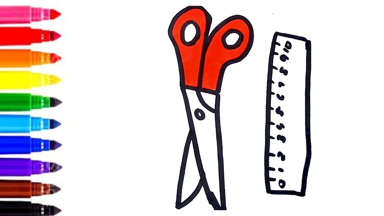 Let's Draw and Color Scissors ️ and Ruler 📏 Drawing and coloring for ...