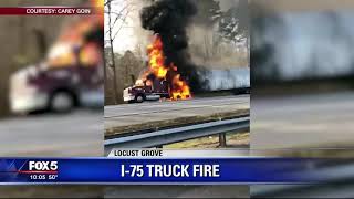 Tractor trailer catches fire on I 75 in Locust Grove