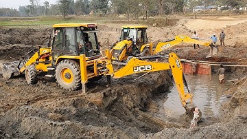 TWO JCB Backhoe Machine Working For Bridge Foundation Construction - Bridge Construction in Water 2