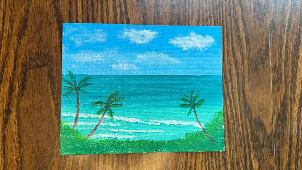 Easy Tropical Beach Painting for beginners | Relaxing Ocean & Palms