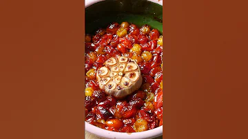 Slow Roasted Garlic And Tomatoes With Olive Oil And Balsamic Glaze On Toast With Burrata 