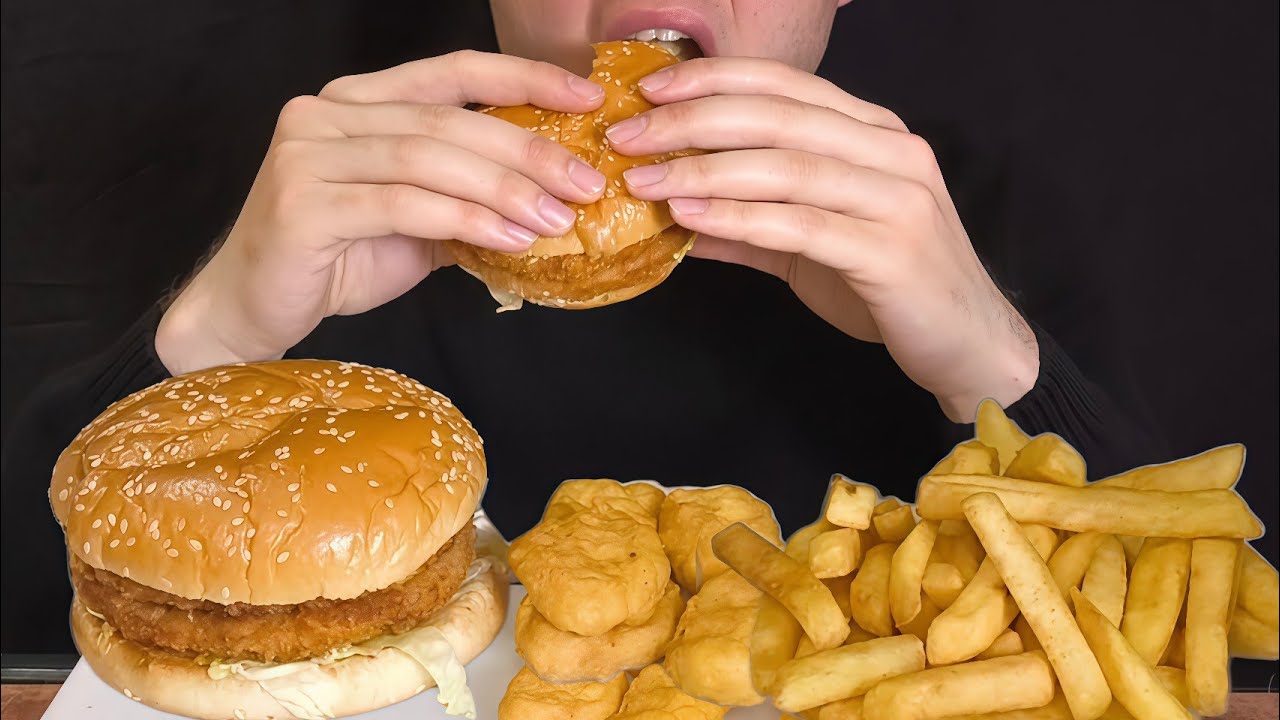 ASMR Nuggets, Double Chicken Burger & Fries 🍔🍟 | Crispy & Juicy Eating Sounds | No Talking