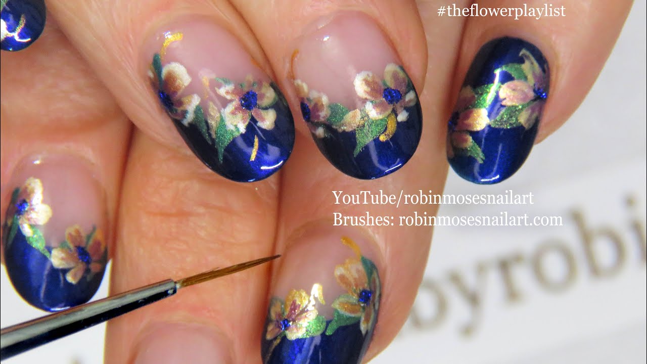 Easy Flower Nails Blue French Tip + Flowers Nail Art Design YouTube