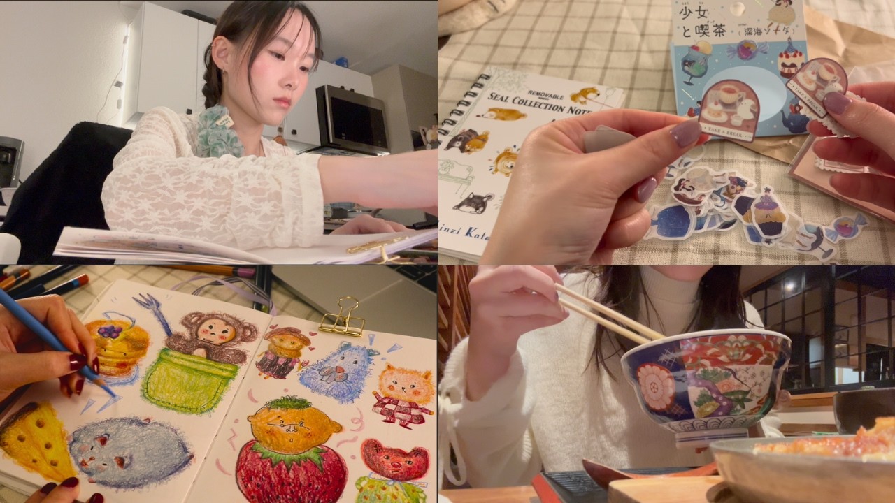 Slow Day Diary 🍓|  A Quiet Drawing Day, Strawberry Milk & Sticker Moments