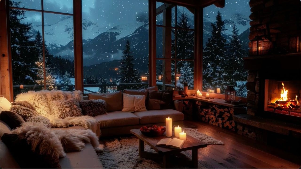 Winter Cabin Study Ambience ❄️ Crackling Fireplace + Smooth Piano Jazz for 집중 & Calm