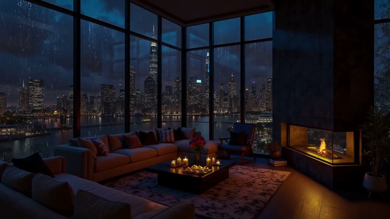 Soft Rain Sounds in New York City 🌧️Cozy Living Room, Rain On Window & Fireplace To Stress Relief