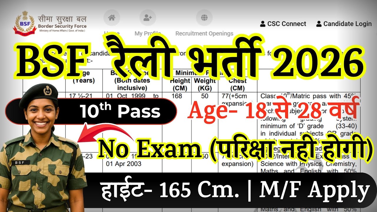 BSF Open Rally Bharti 2026 Notification | BSF New Vacancy 2026 | JAN Constable GD Rally Date | 10th