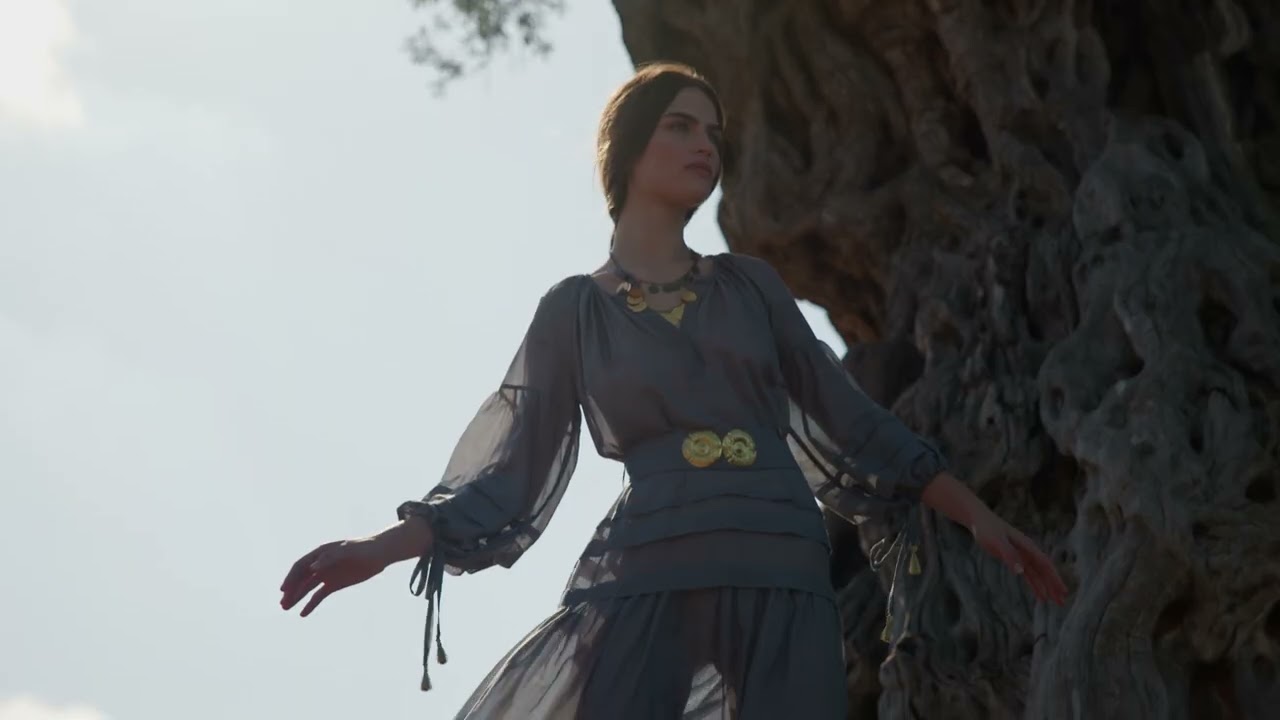 Ancient Kallos SS24 v9 Mykonos long dress with golden buckles and tassels grey