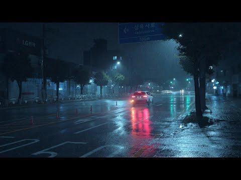 [4K] 거센 폭우가 내리는 한밤중의 텅빈 거리. 천둥 번개 소리. Heavy Rain in a  Midnight Street with ThunderStorm.