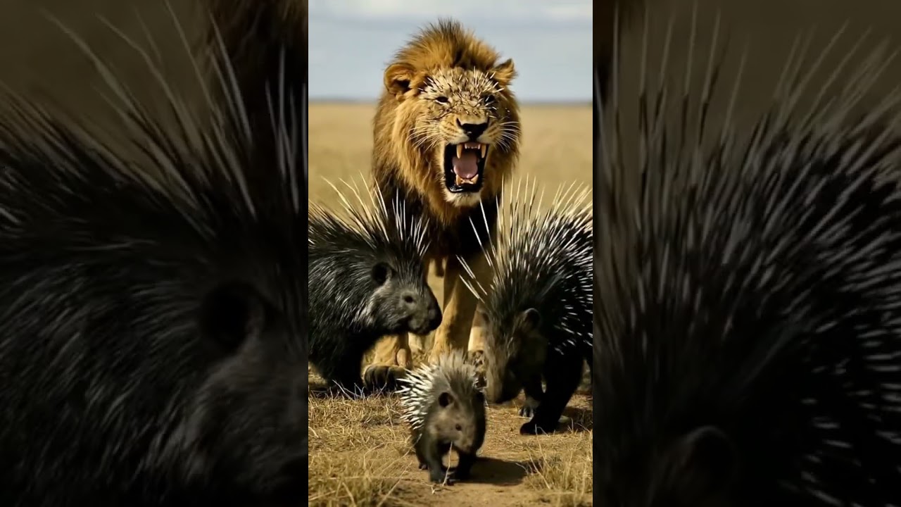 Lion learns a painful lesson from porcupines 