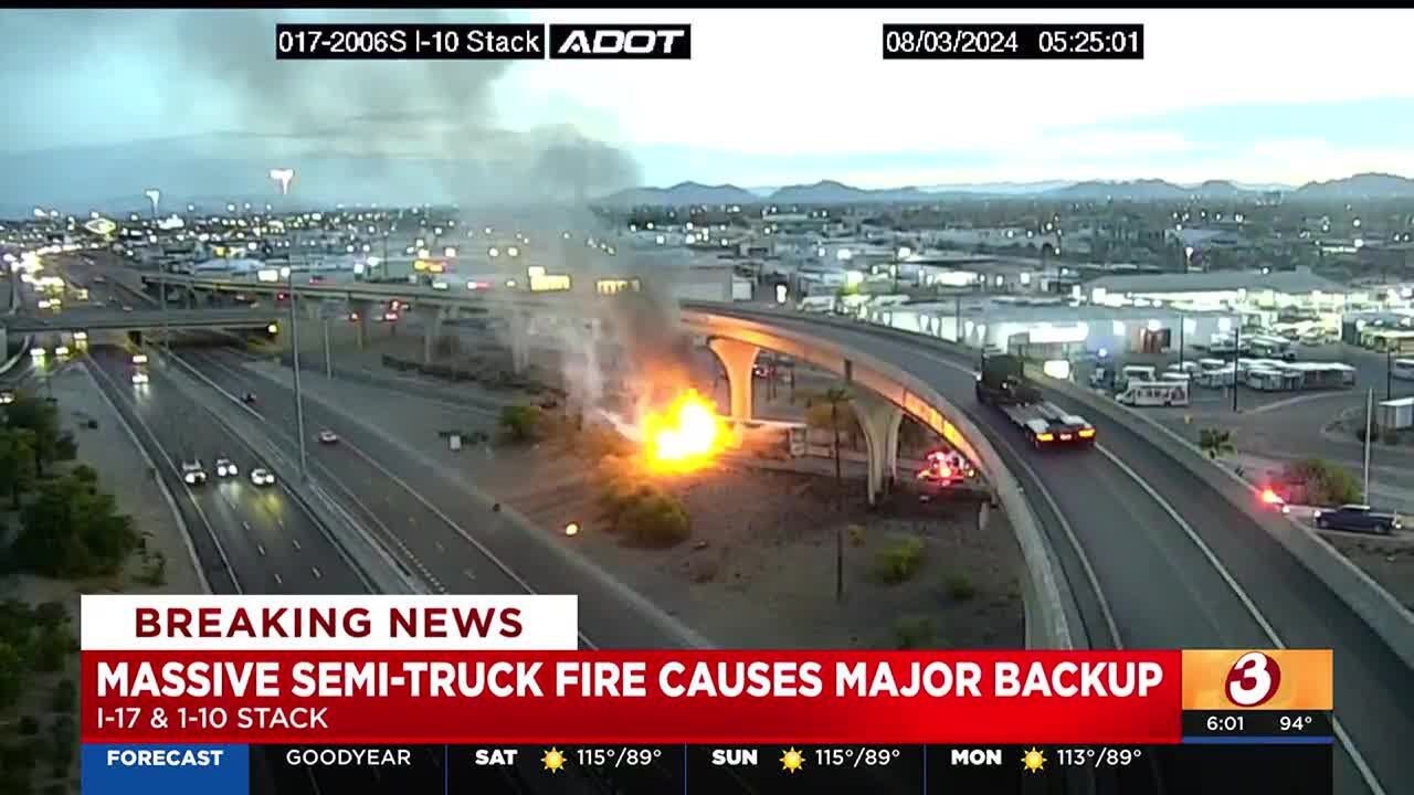 Massive semi-truck fire causes backup on I-17 in Phoenix - YouTube