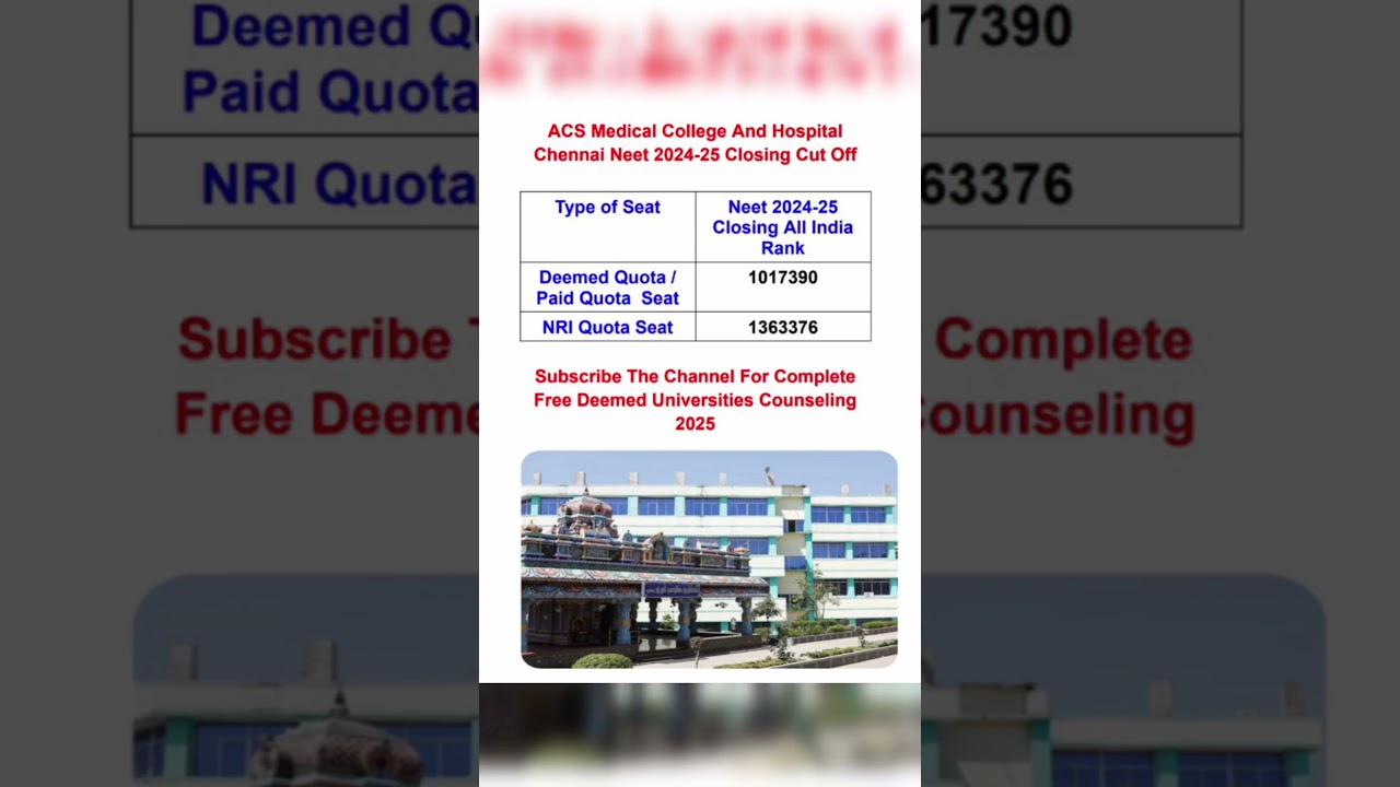 || ACS Medical College and hospital Chennai Neet 2024-25 Closing Cut Off || 