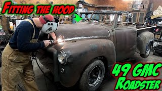 Welding and fitting the hood and fender swapping our 49 GMC roadster.