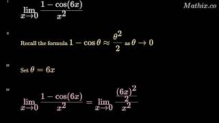 Find the limit as x approaches 0 of (1 - cos(6x)) / x².