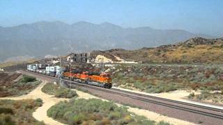 Eastbound BNSF railroad stack train with highrailer, Hill 582 Cajon Pass 9-2011