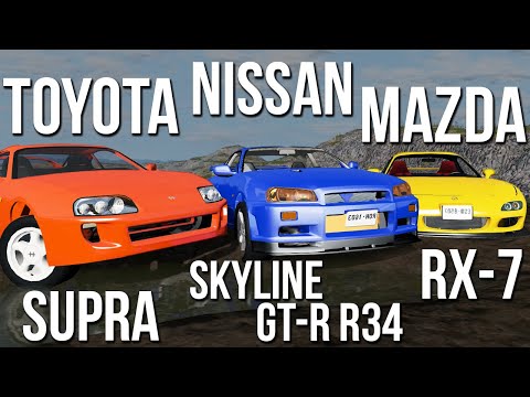 Toyota Supra A80 VS Nissan Skyline GT-R R34 VS Mazda RX-7! Битва JDM! (Сравнение машин в BeamNG)