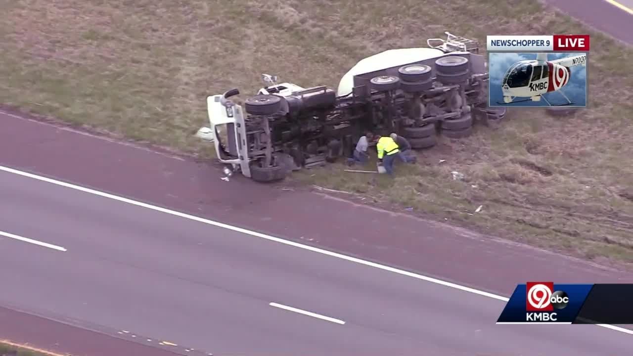 Vehicle fire, overturned cement truck snarl K-10 at K-7