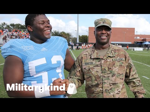 Soldier sneaks up on football player son | Humankind