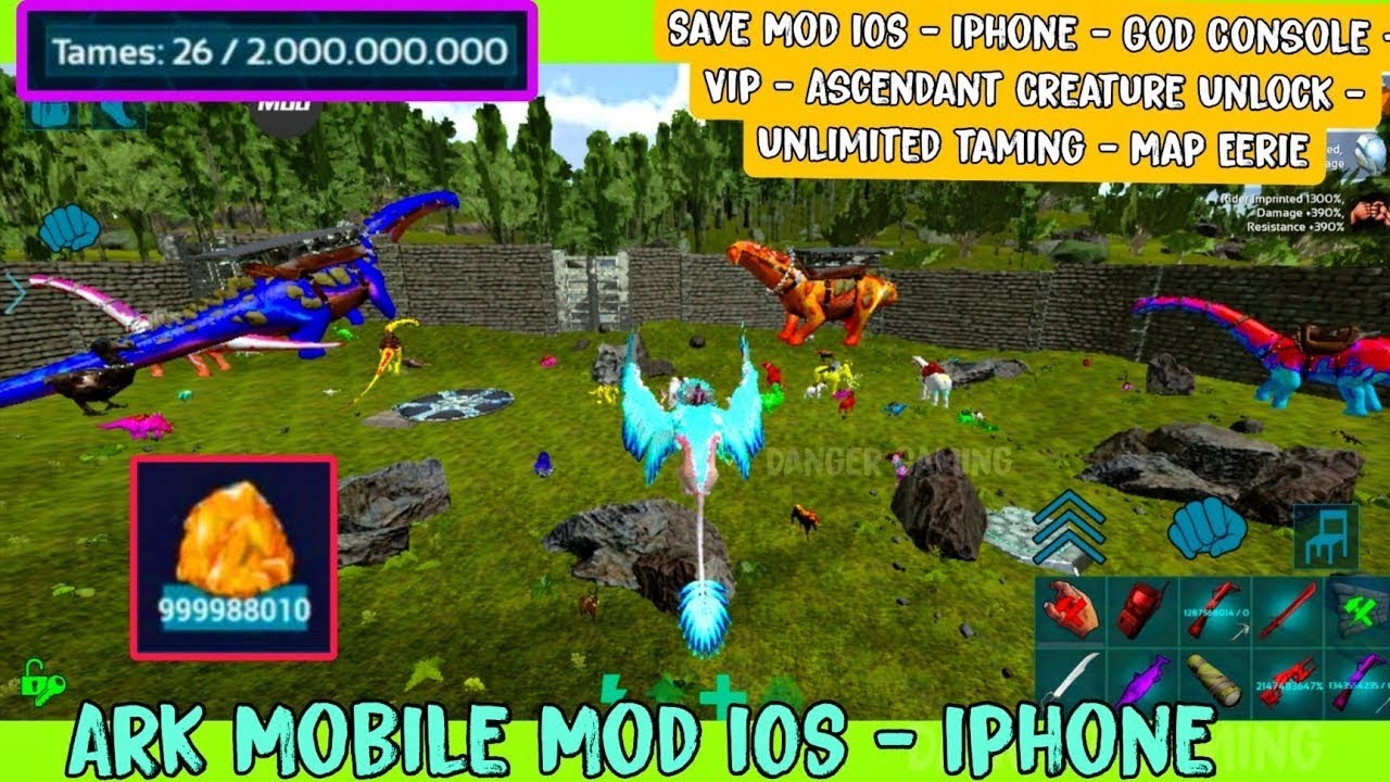 Hack Ark Mobile Mod iOS - Android - iP Mod 2 tỉ Slot thuần hoá - Amber - God Console - Map Thú Eerie