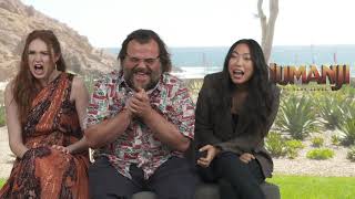 Awkwafina & Jack Black in hysterics with Karen Gillan in this interview for Jumanji: The Next Level