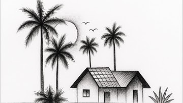 Beautiful Village House Drawing with Palm Trees | Easy Pencil Shading Scenery Drawings