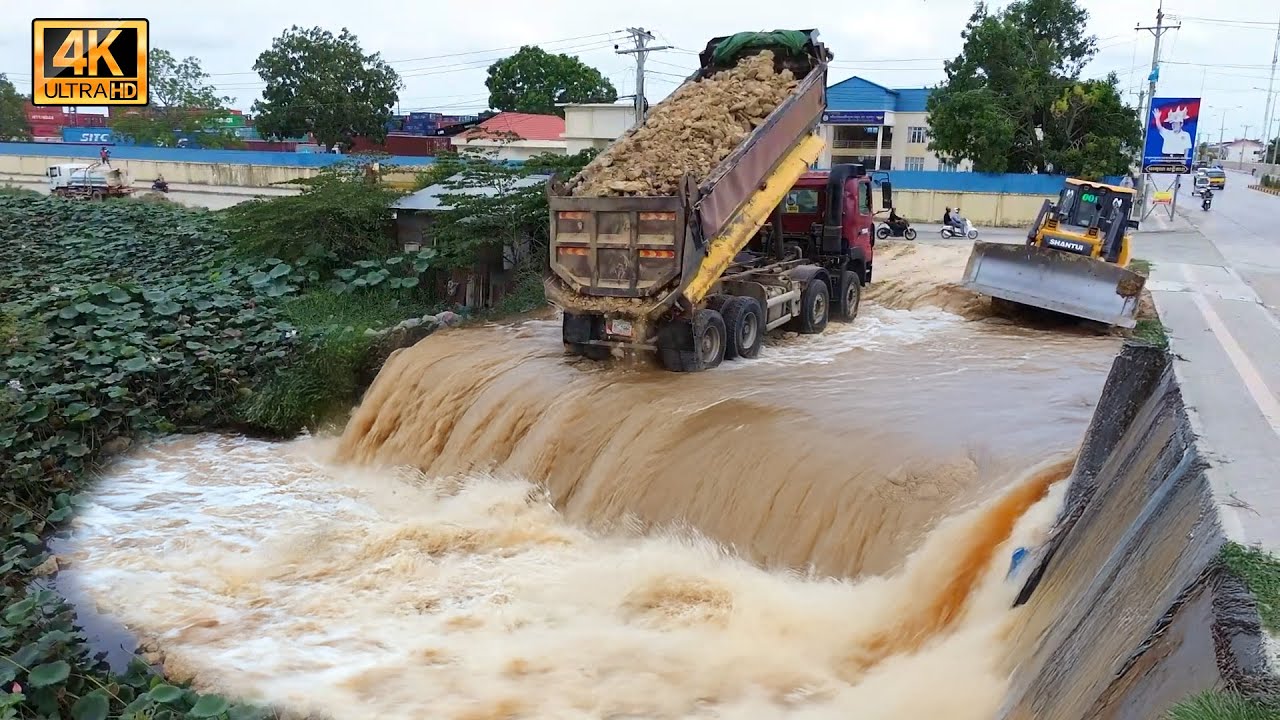 First Start New Project Delete Big Pond!! Mega Heavy Truck 25T Unlading & SHANUI Bulldozer Push Soil