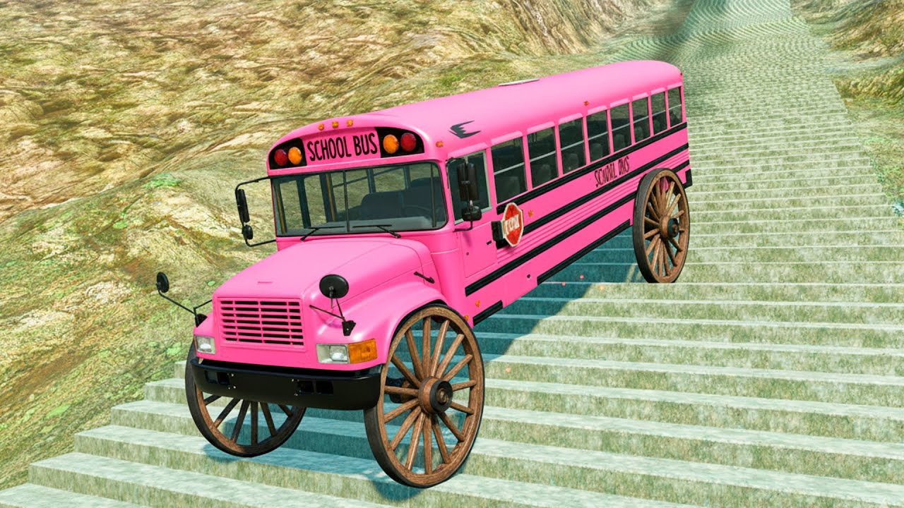 BeamNG Drive – School Bus Extreme Stairs Jumps Down | USA Bus Crash Test Simulation