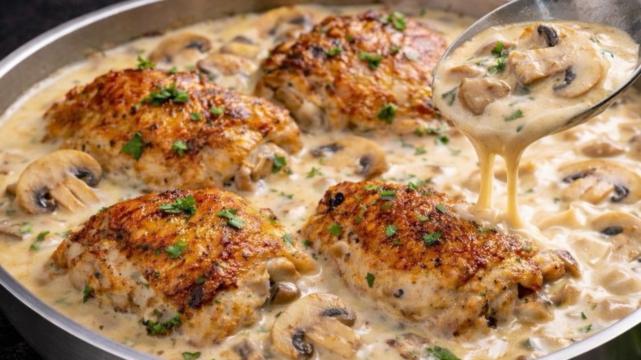 Champignons in extra cremiger Rahmsauce mit Hähnchenoberschenkeln