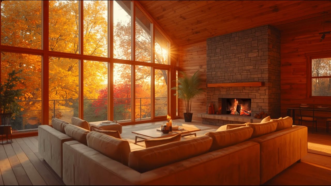 A Quiet Autumn Sunset by the Lake 🍂 Cozy Cabin, Smooth Jazz & Fireplace Vibes