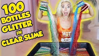 MIXING 100 BOTTLES OF GLITTER INTO CLEAR SLIME | SO SATISFYING | NICOLE SKYES