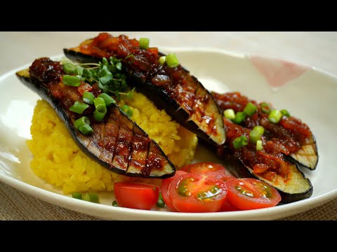 ナスが好きになるレシピ。 韓国健康食料理、ウコンご飯ナス丼の作り方。Korean healthy food recipe, eggplant rice with turmeric.