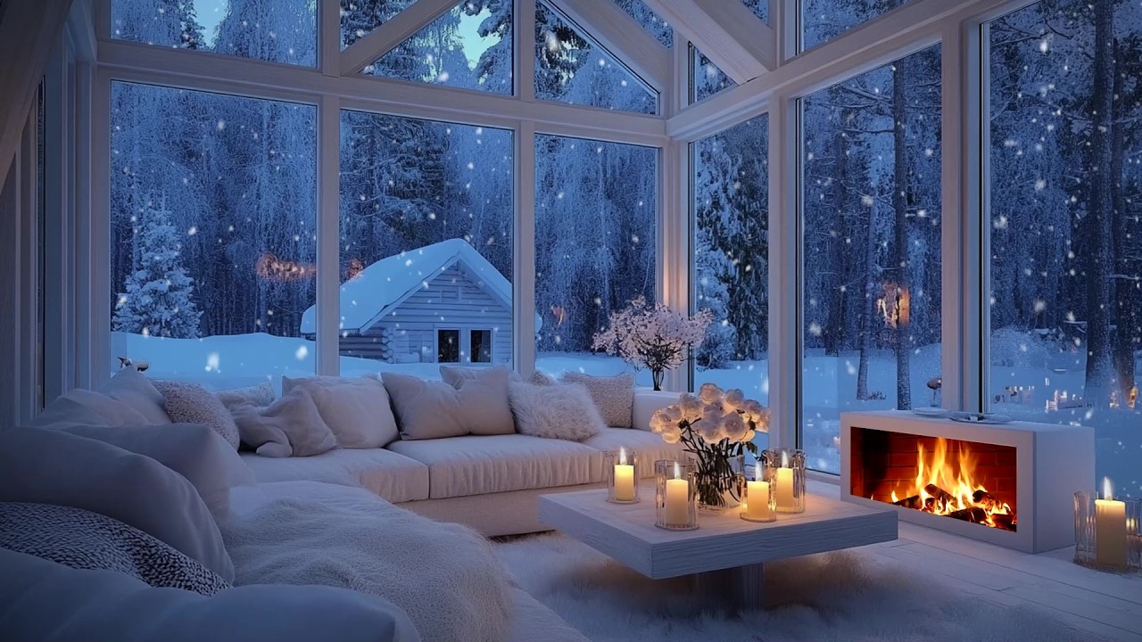 🎹❄️Winter White Piano Ambience | Fireplace Warmth & Snow Window | Calm Focus Relax Study