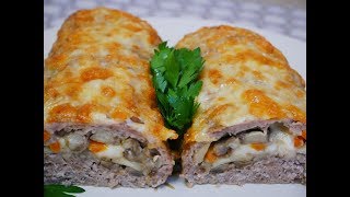 ЗАКУСКА рецепт МЯСНОЙ рулет из фарша с грибами и сыром ЗАКУСКИ на праздничный стол snack ЗАКУСКА рецепт МЯСНОЙ рулет из фарша с грибами и сыром ЗАКУСКИ на праздничный стол snack