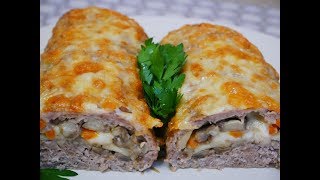 ЗАКУСКА рецепт МЯСНОЙ рулет из фарша с грибами и сыром ЗАКУСКИ на праздничный стол snack