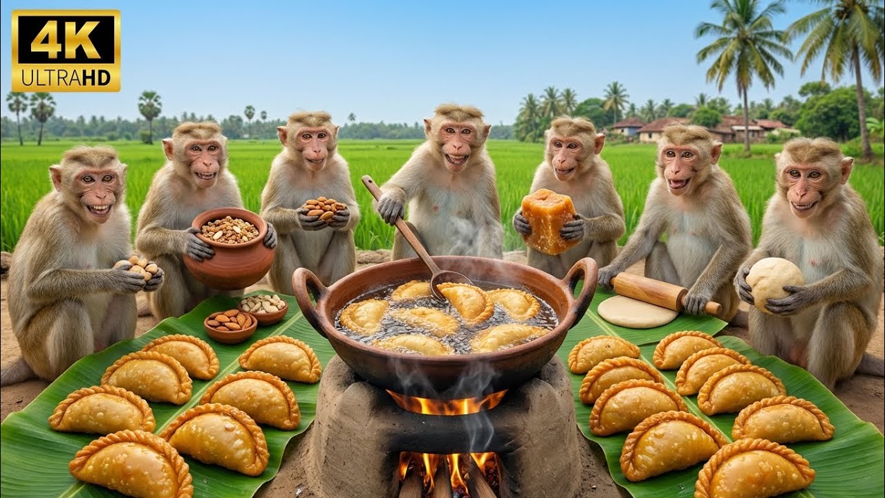 बंदरों ने जंगल में बनाई चाशनी वाली गुझिया 🥟🤤 | Jungle Cooking | Monkey Cooking Farm 