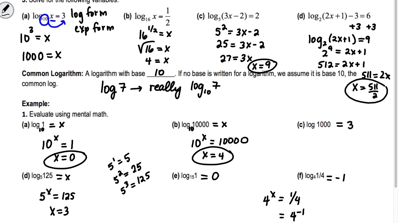 introduction to logarithms common core algebra 2 homework
